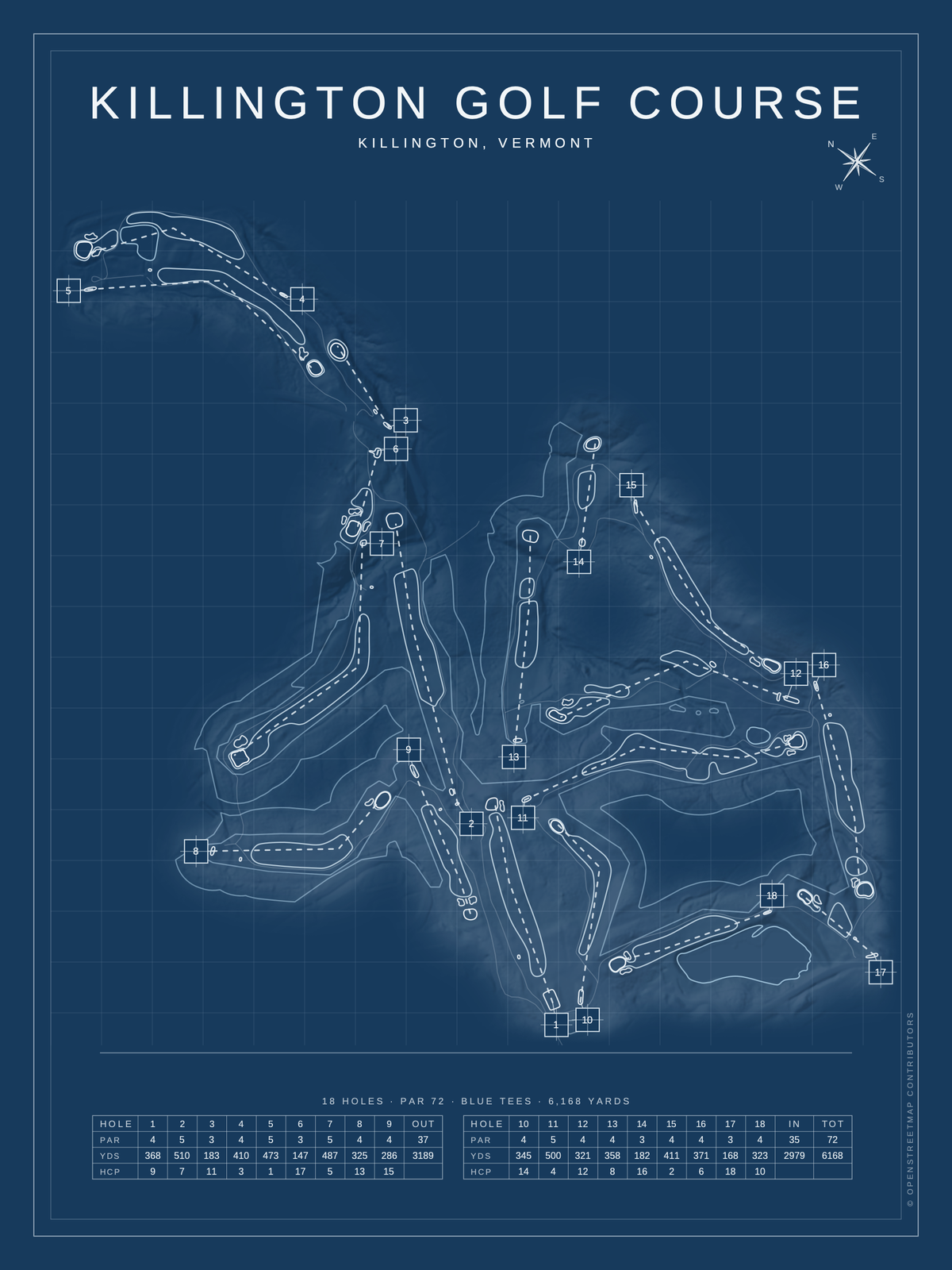 Killington Golf Course map poster, Blueprint style, 12×16 / 18×24