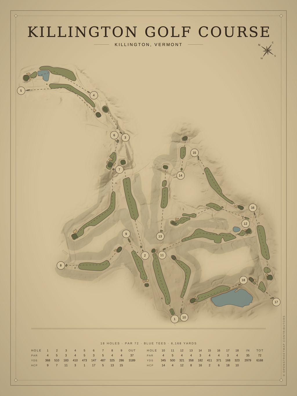 Killington Golf Course map poster, Vintage style, 12×16 / 18×24
