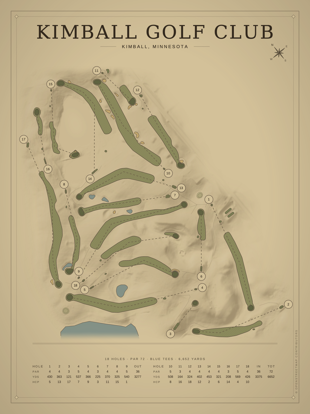 Kimball Golf Club course map poster, Vintage style, 12×16 / 18×24