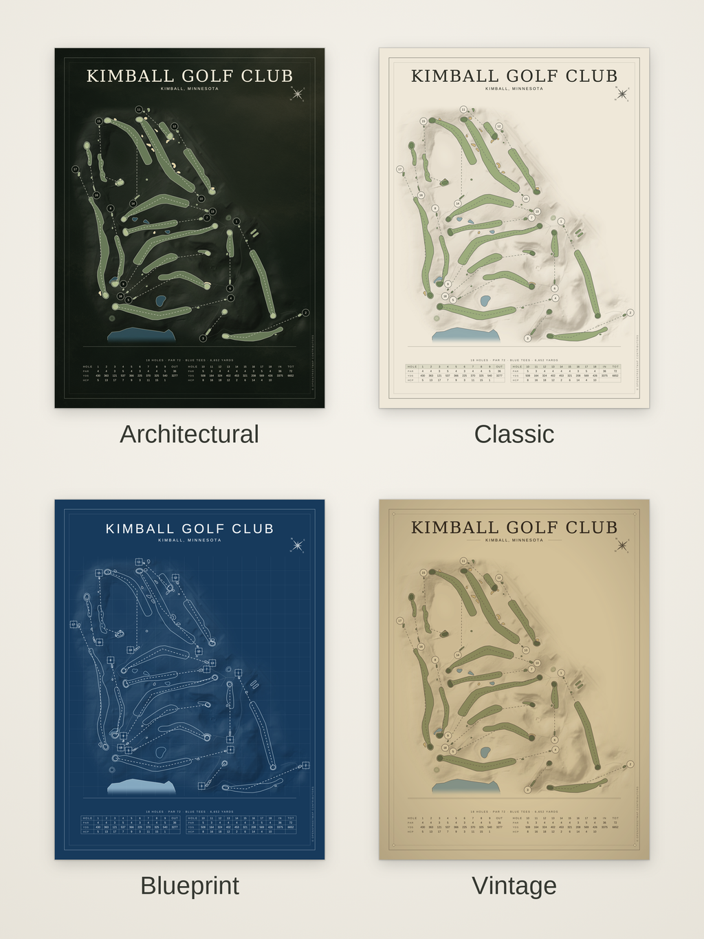 Kimball Golf Club course map poster in four styles: Architectural, Classic, Blueprint and Vintage
