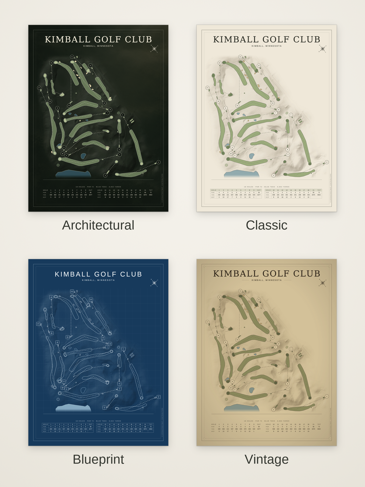 Kimball Golf Club course map poster in four styles: Architectural, Classic, Blueprint and Vintage