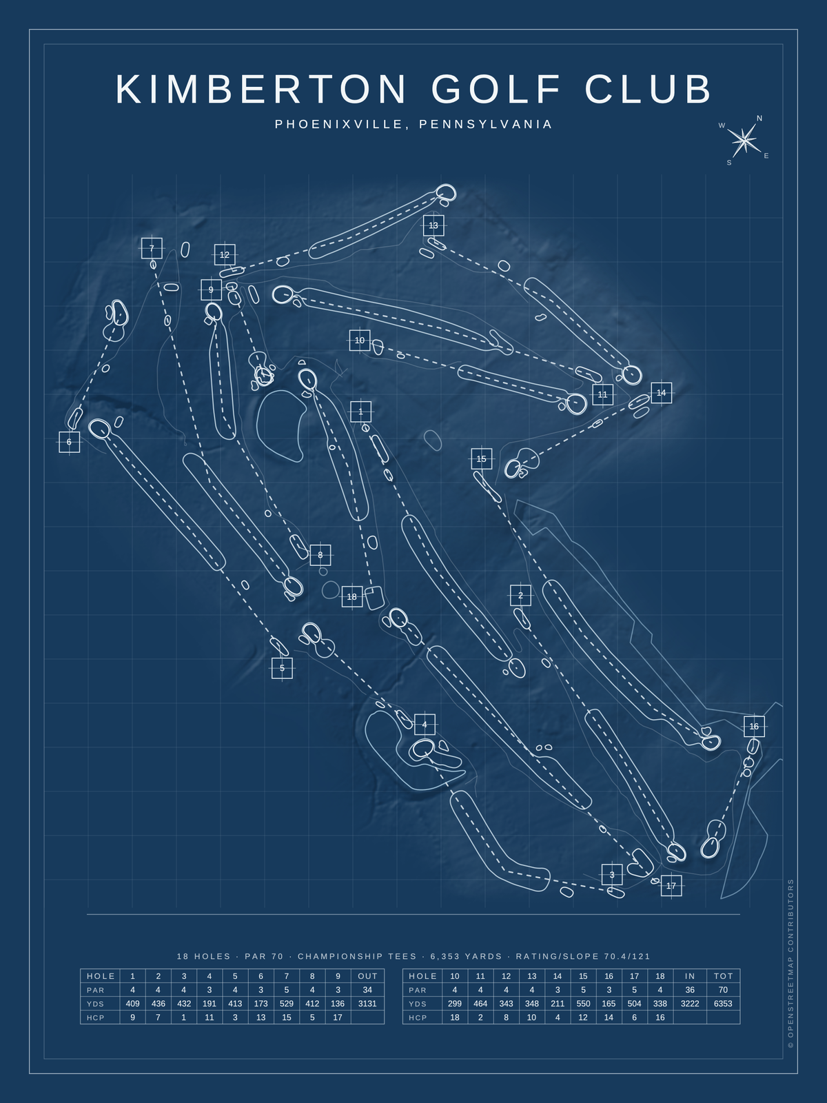 Kimberton Golf club course map poster, Blueprint style, 12×16 / 18×24