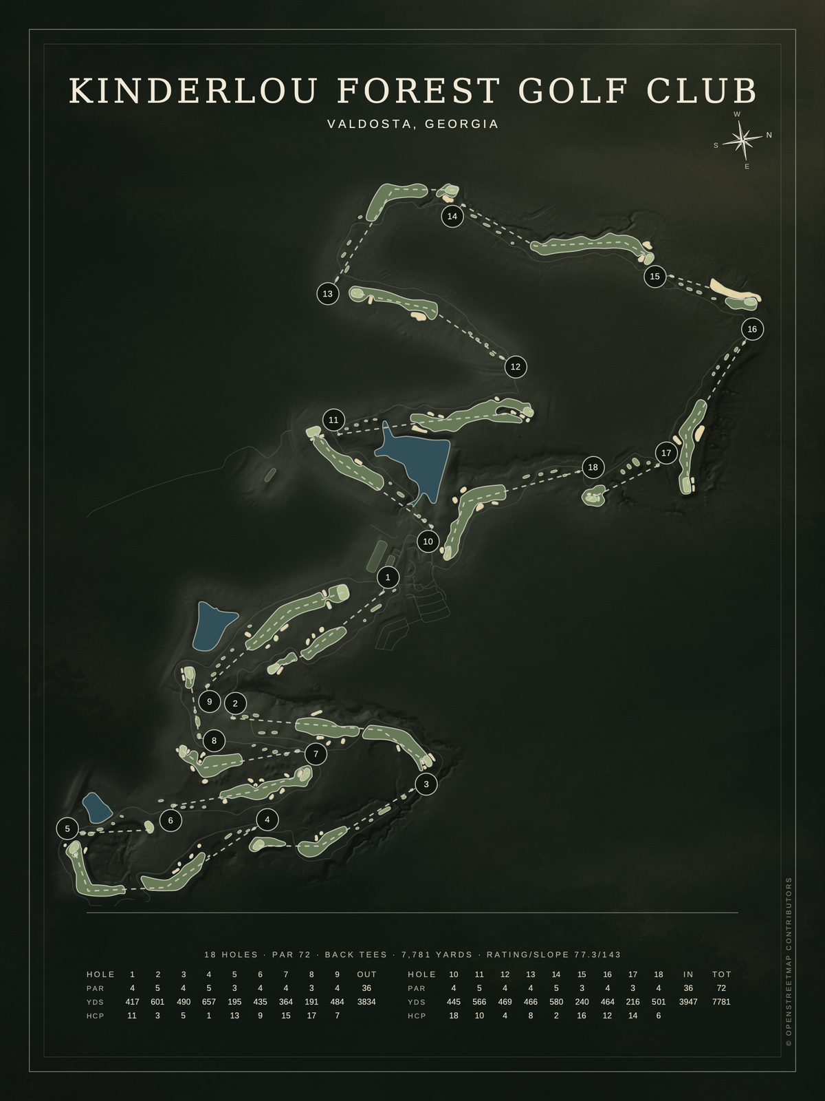 Kinderlou Forest Golf Club course map poster, Architectural style, 12×16 / 18×24