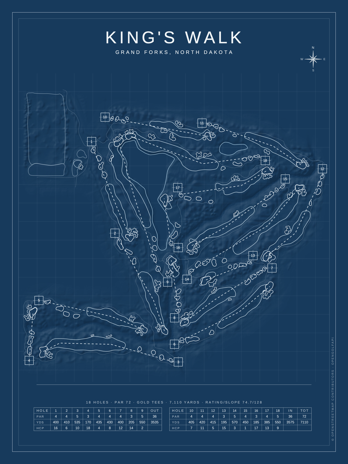 King's Walk course map poster, Blueprint style, 12×16 / 18×24