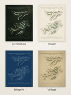 The Woods Course at Kingsmill Resort course map poster in four styles: Architectural, Classic, Blueprint and Vintage