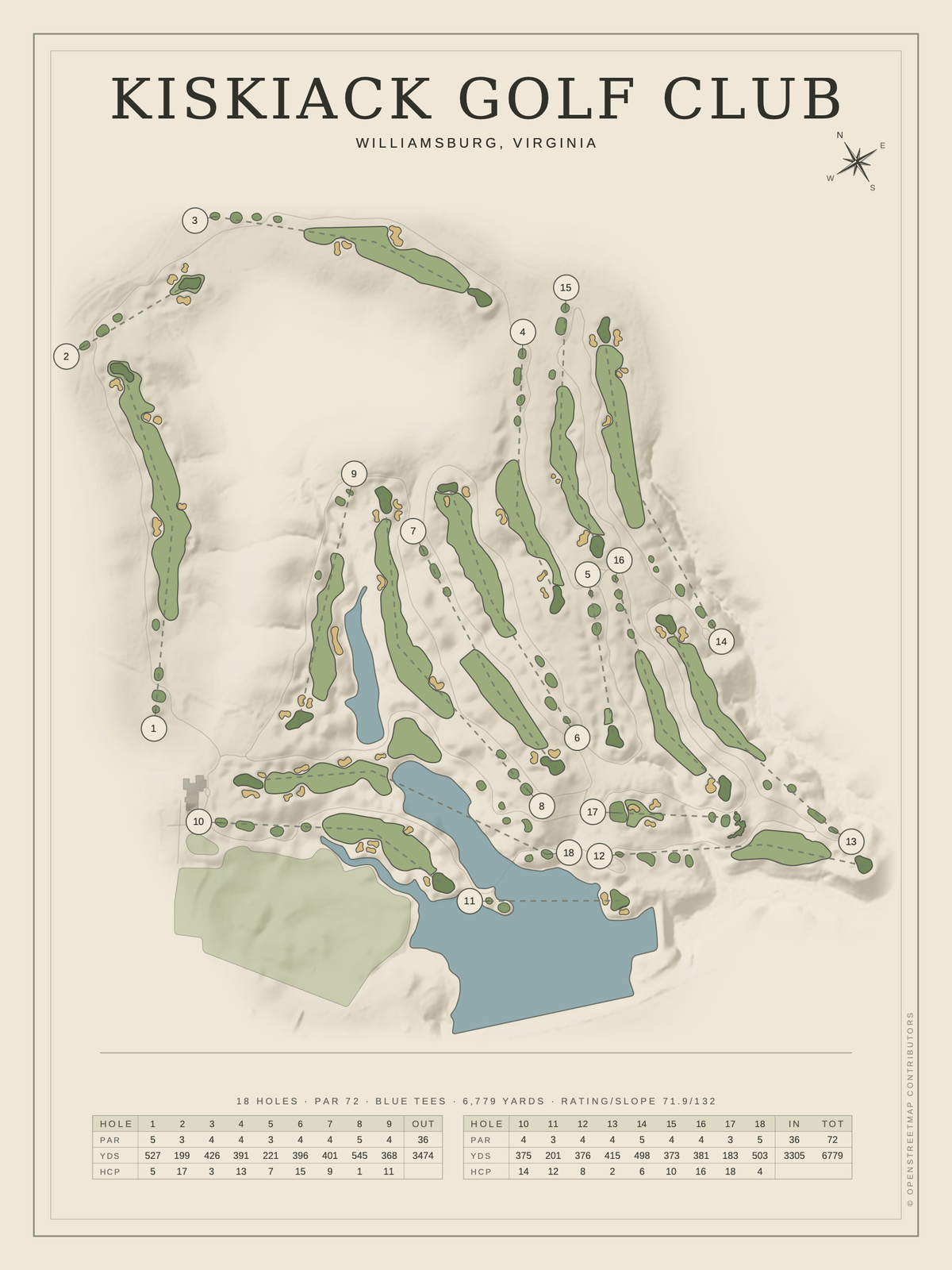 Kiskiack Golf Club course map poster, Classic style, 12×16 / 18×24