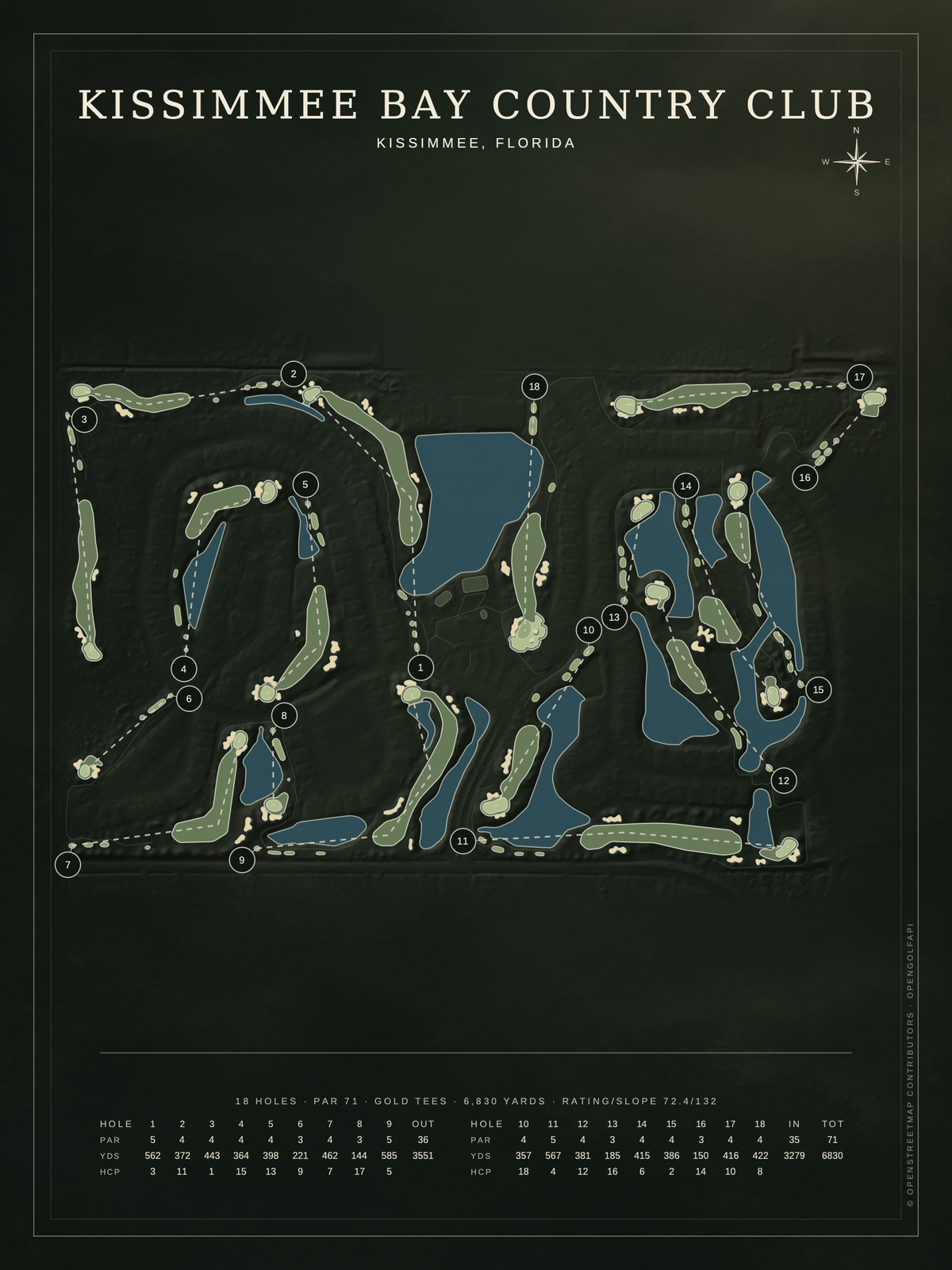 Kissimmee Bay Country Club course map poster, Architectural style, 12×16 / 18×24