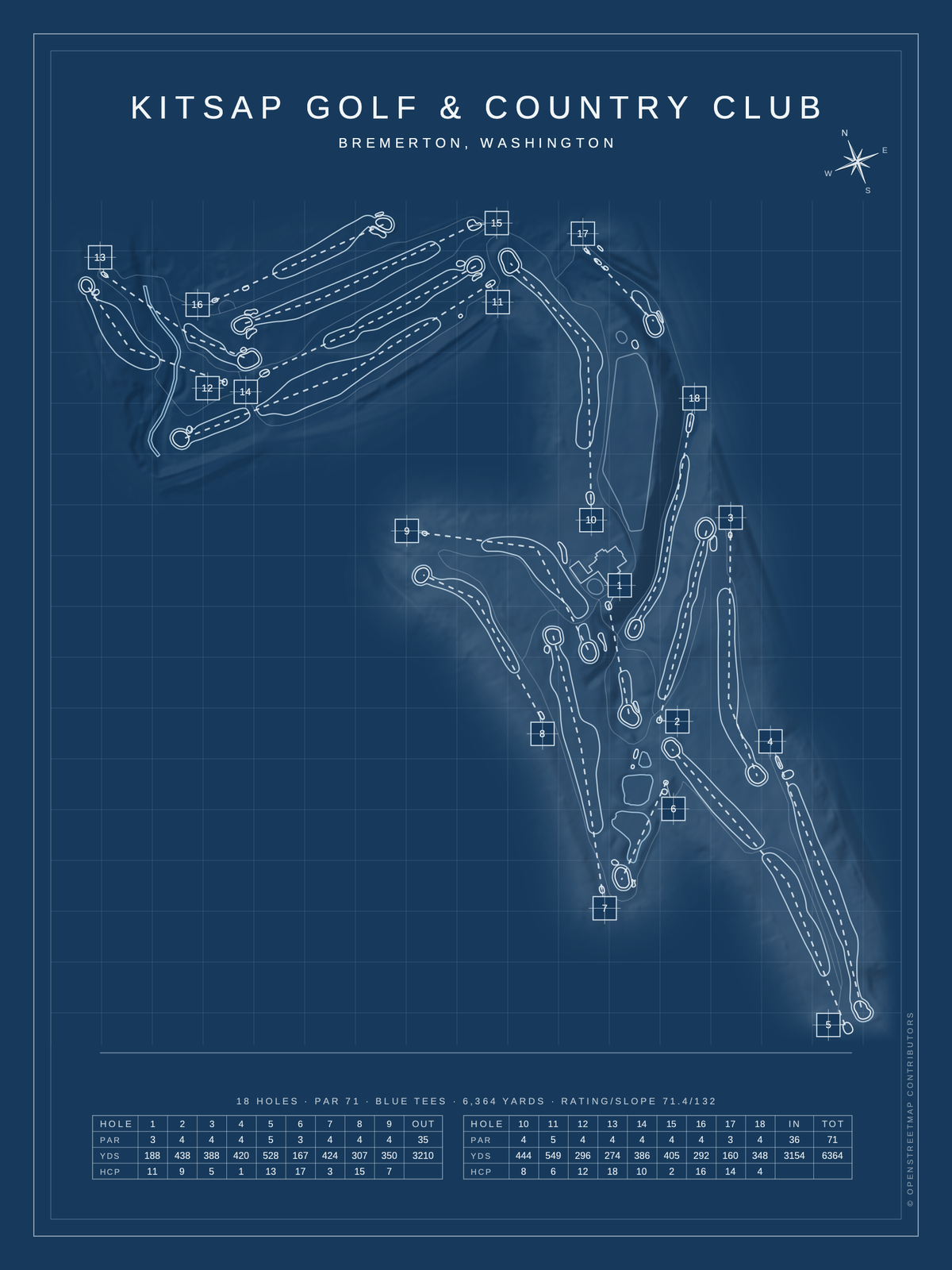 Kitsap Golf & Country Club course map poster, Blueprint style, 12×16 / 18×24
