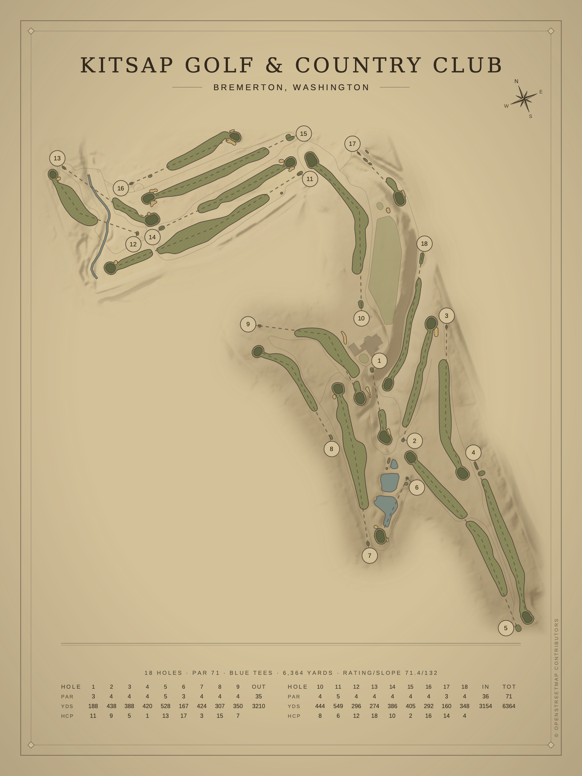 Kitsap Golf & Country Club course map poster, Vintage style, 12×16 / 18×24