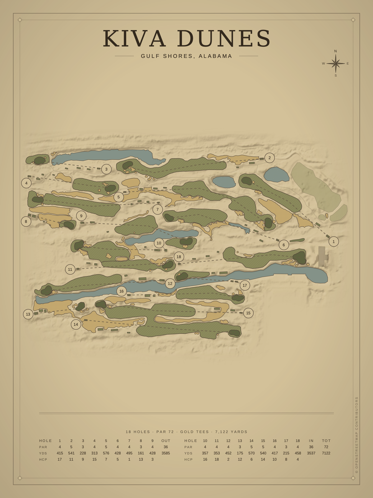 Kiva Dunes course map poster, Vintage style, 12×16 / 18×24