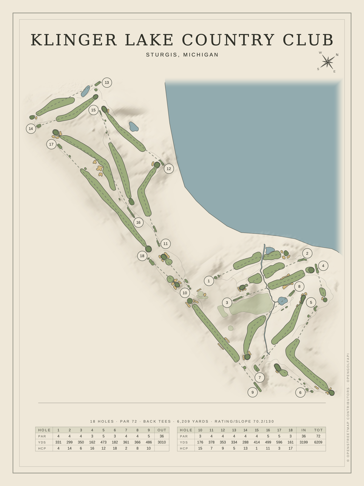 Klinger Lake Country Club course map poster, Classic style, 12×16 / 18×24