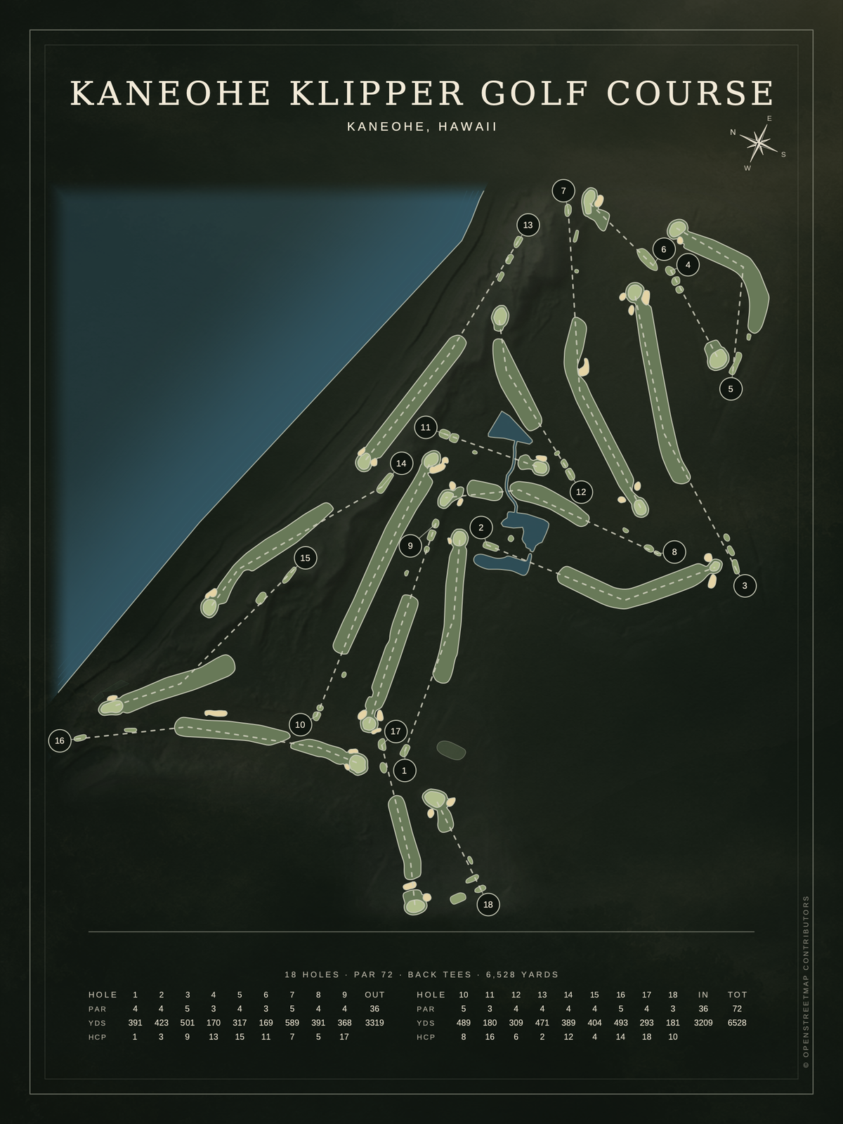 Kaneohe Klipper Golf Course map poster, Architectural style, 12×16 / 18×24