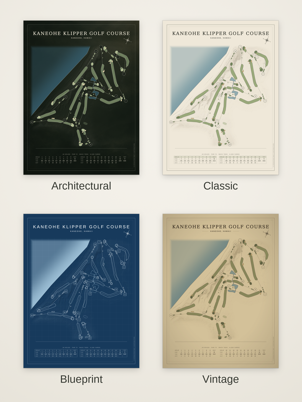 Kaneohe Klipper Golf Course map poster in four styles: Architectural, Classic, Blueprint and Vintage
