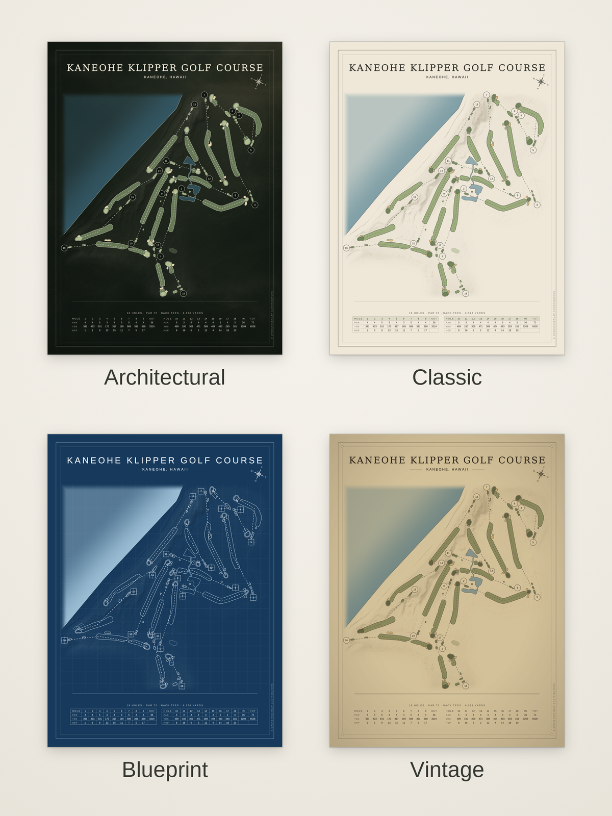 Kaneohe Klipper Golf Course map poster in four styles: Architectural, Classic, Blueprint and Vintage