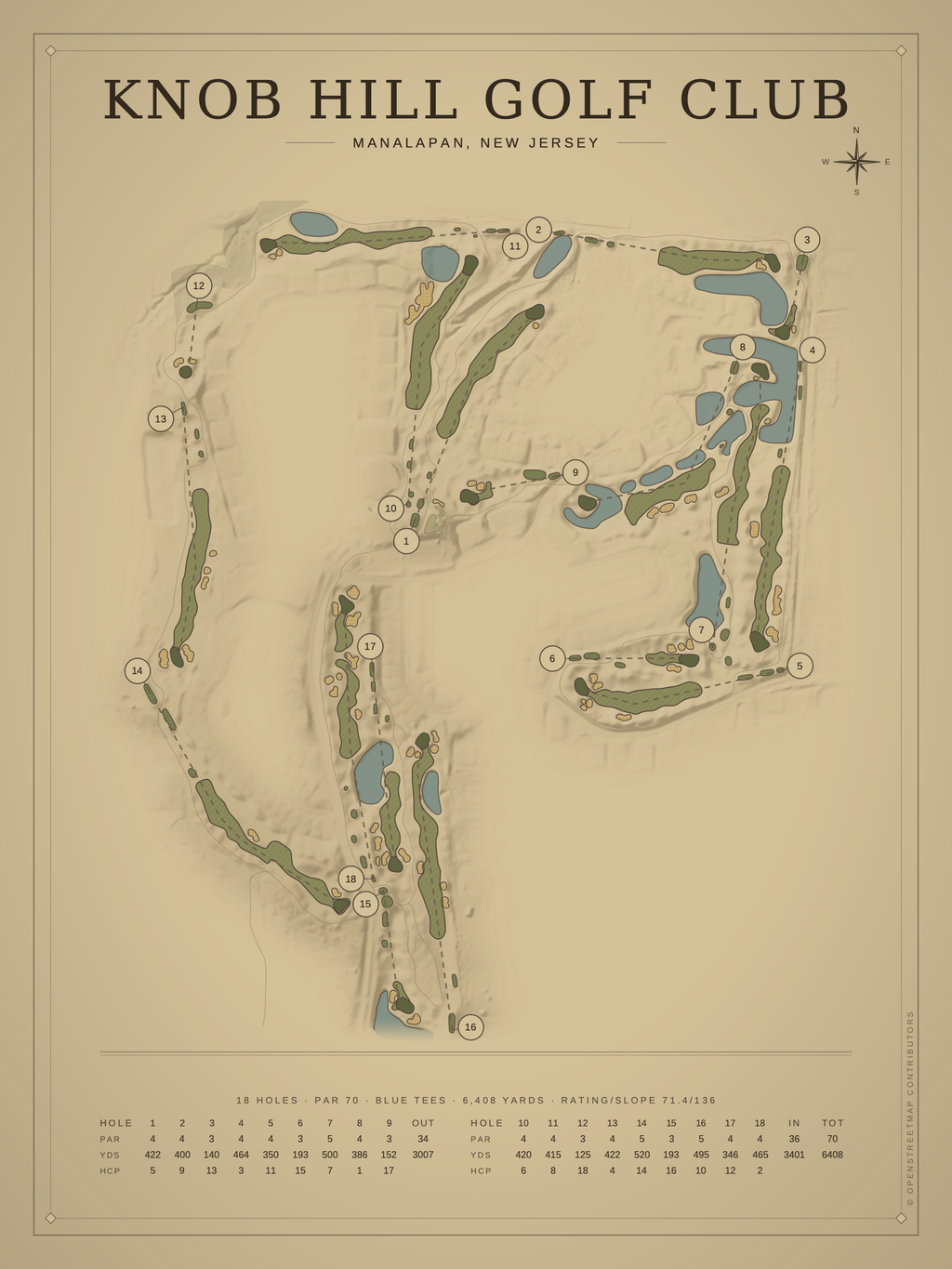 Knob Hill Golf Club course map poster, Vintage style, 12×16 / 18×24