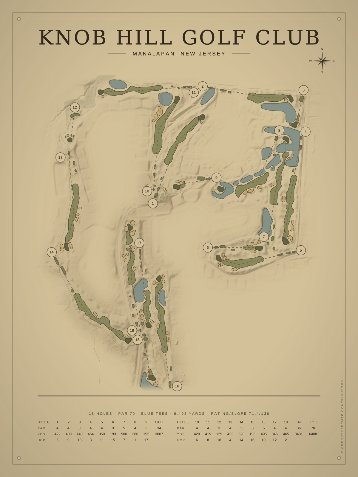 Knob Hill Golf Club course map poster, Vintage style, 12×16 / 18×24