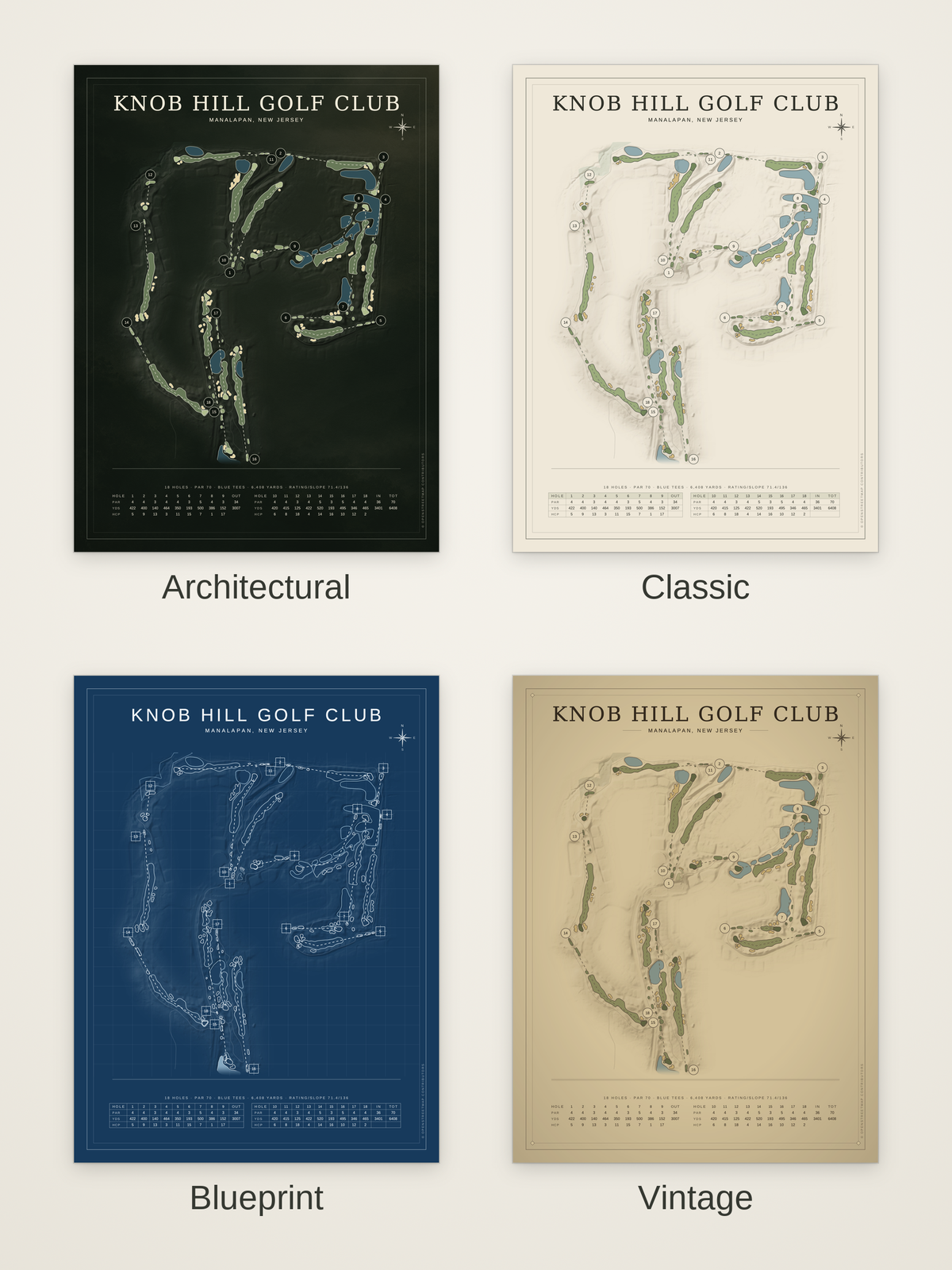 Knob Hill Golf Club course map poster in four styles: Architectural, Classic, Blueprint and Vintage