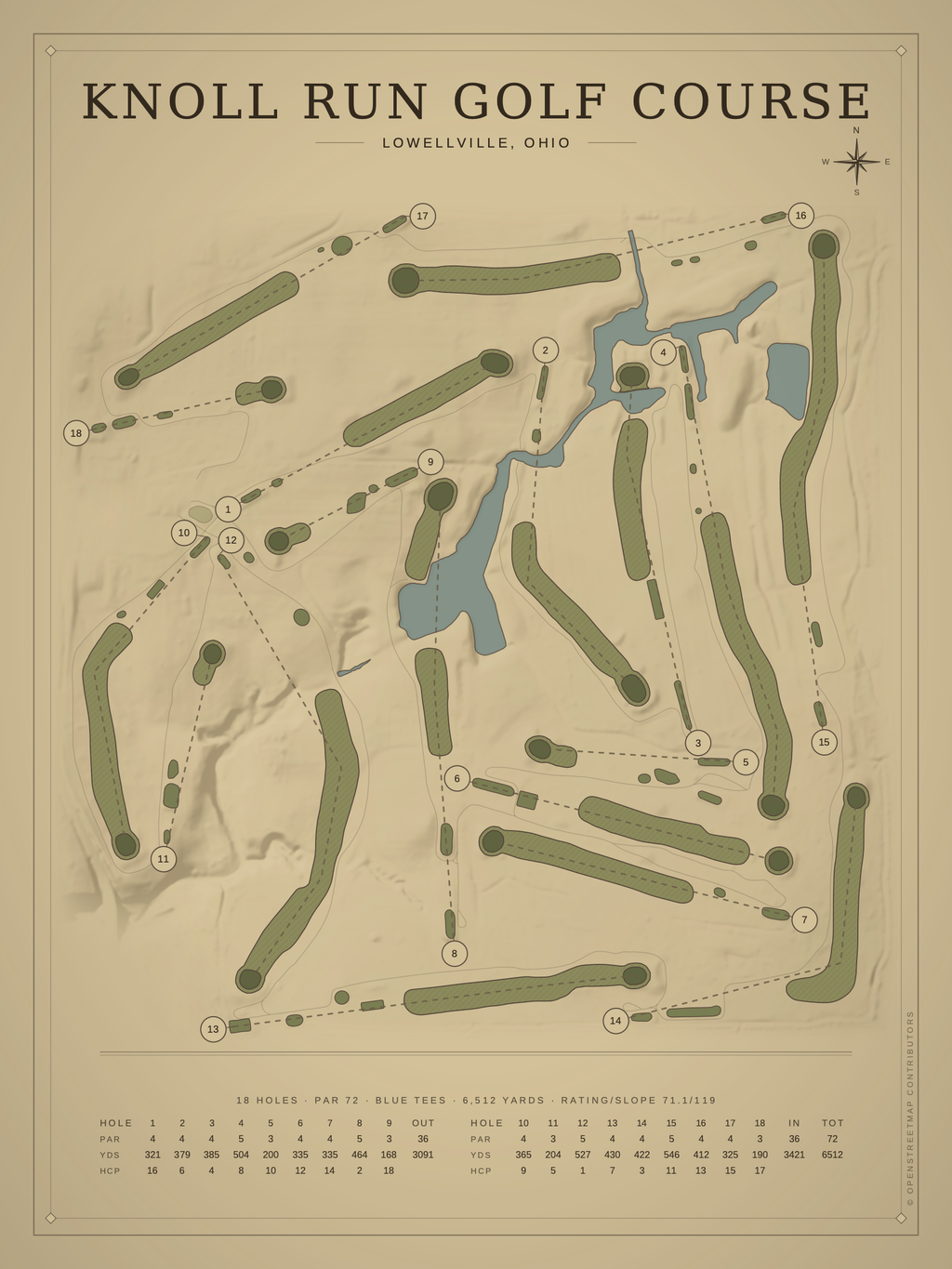 Knoll Run Golf Course map poster, Vintage style, 12×16 / 18×24