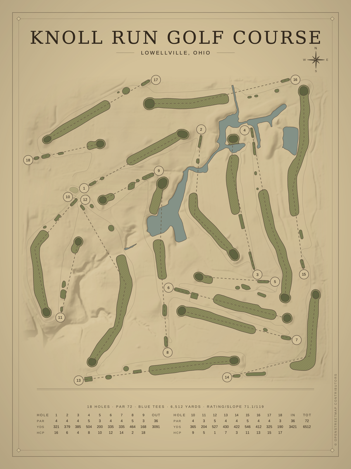 Knoll Run Golf Course map poster, Vintage style, 12×16 / 18×24