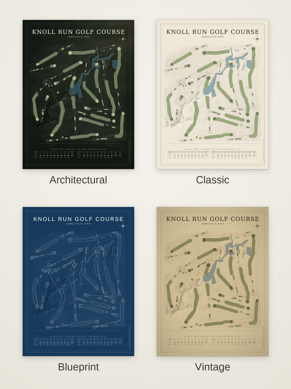 Knoll Run Golf Course map poster in four styles: Architectural, Classic, Blueprint and Vintage
