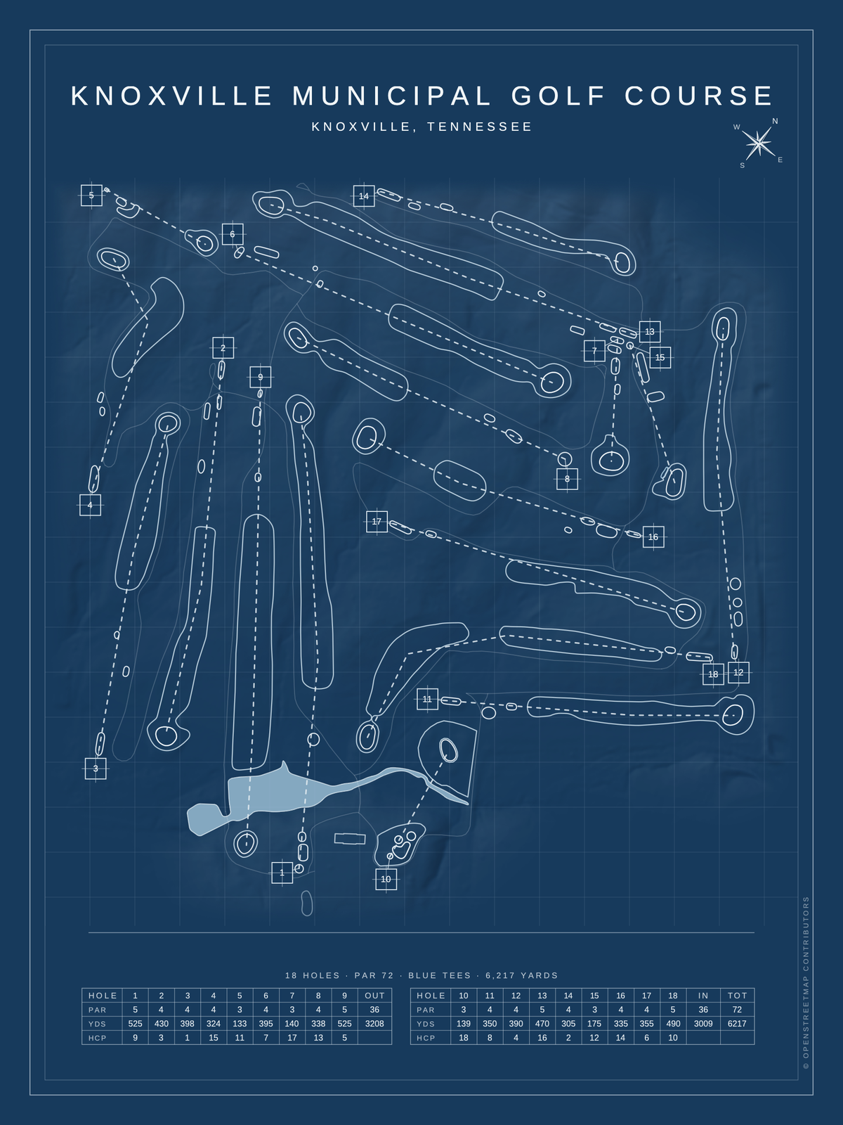 Knoxville Municipal Golf Course map poster, Blueprint style, 12×16 / 18×24