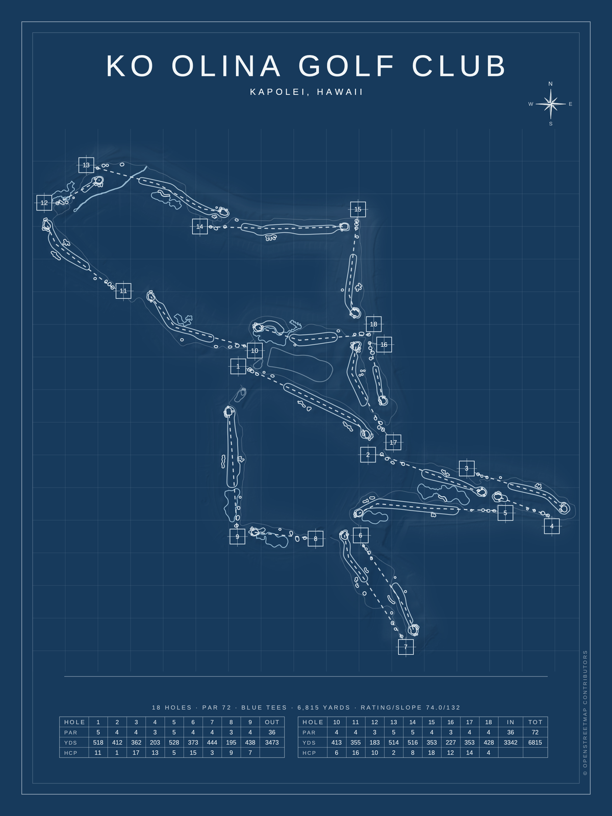 Ko Olina Golf Club course map poster, Blueprint style, 12×16 / 18×24