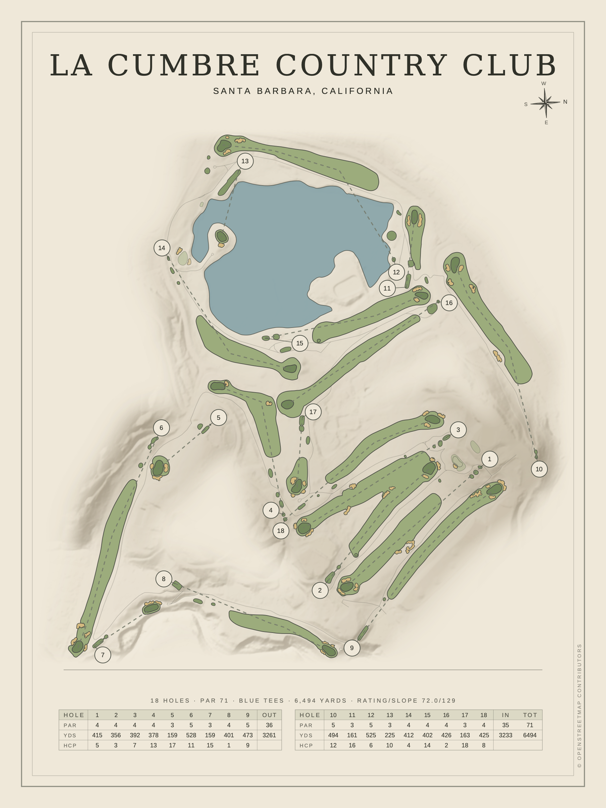 La Cumbre Country Club course map poster, Classic style, 12×16 / 18×24