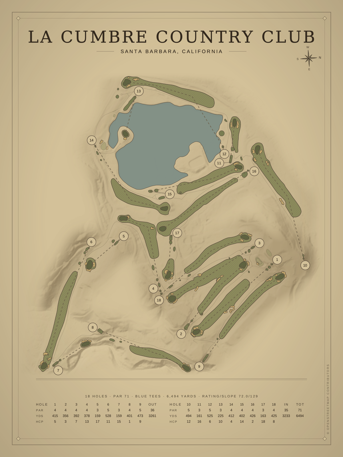 La Cumbre Country Club course map poster, Vintage style, 12×16 / 18×24