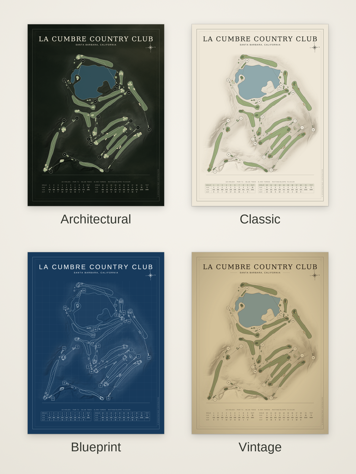 La Cumbre Country Club course map poster in four styles: Architectural, Classic, Blueprint and Vintage