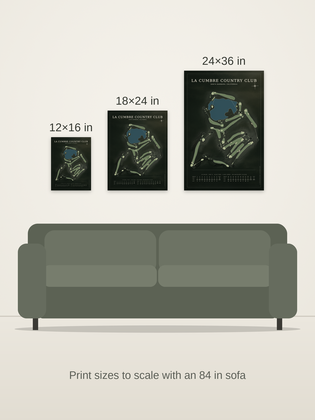 La Cumbre Country Club course map poster in the Architectural style at 12×16, 18×24 and 24×36 inches, shown to scale on a wall above an 84-inch sofa