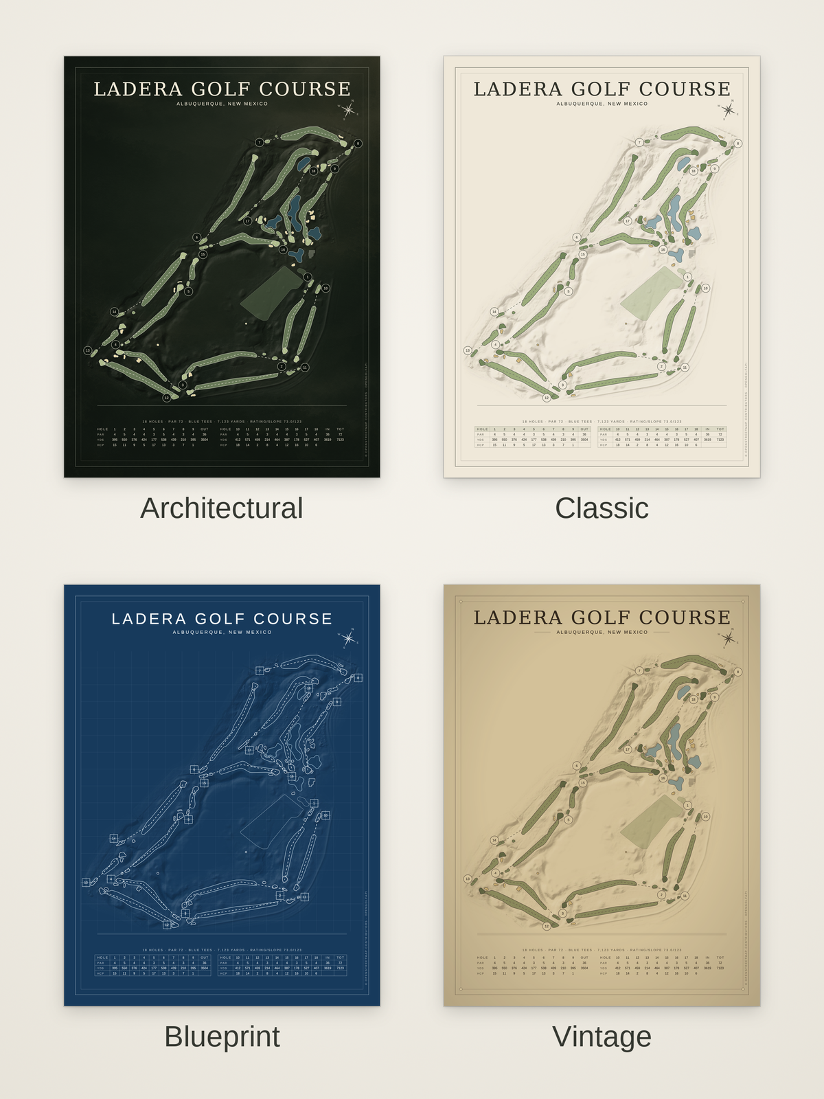 Ladera Golf Course map poster in four styles: Architectural, Classic, Blueprint and Vintage