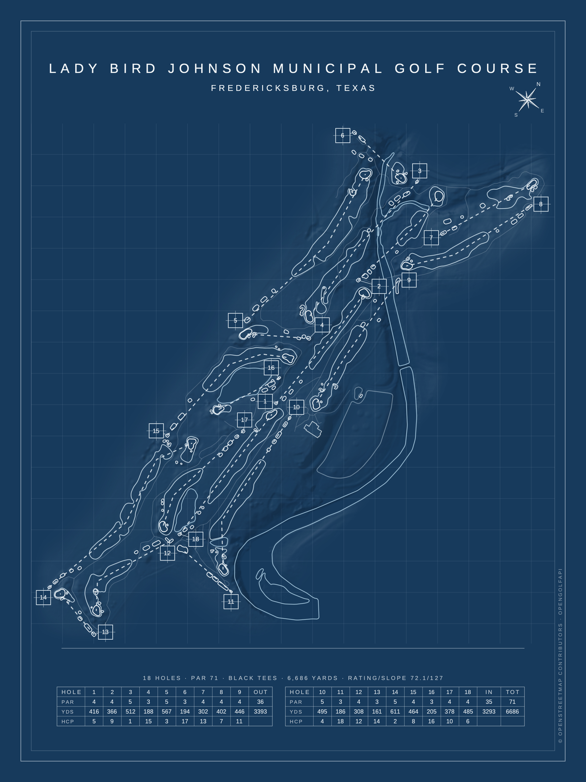 Lady Bird Johnson Municipal Golf Course map poster, Blueprint style, 12×16 / 18×24