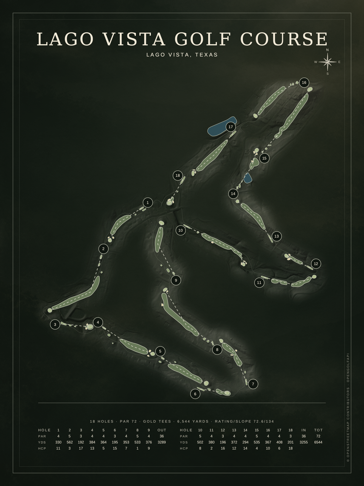Lago Vista Golf Course map poster, Architectural style, 12×16 / 18×24