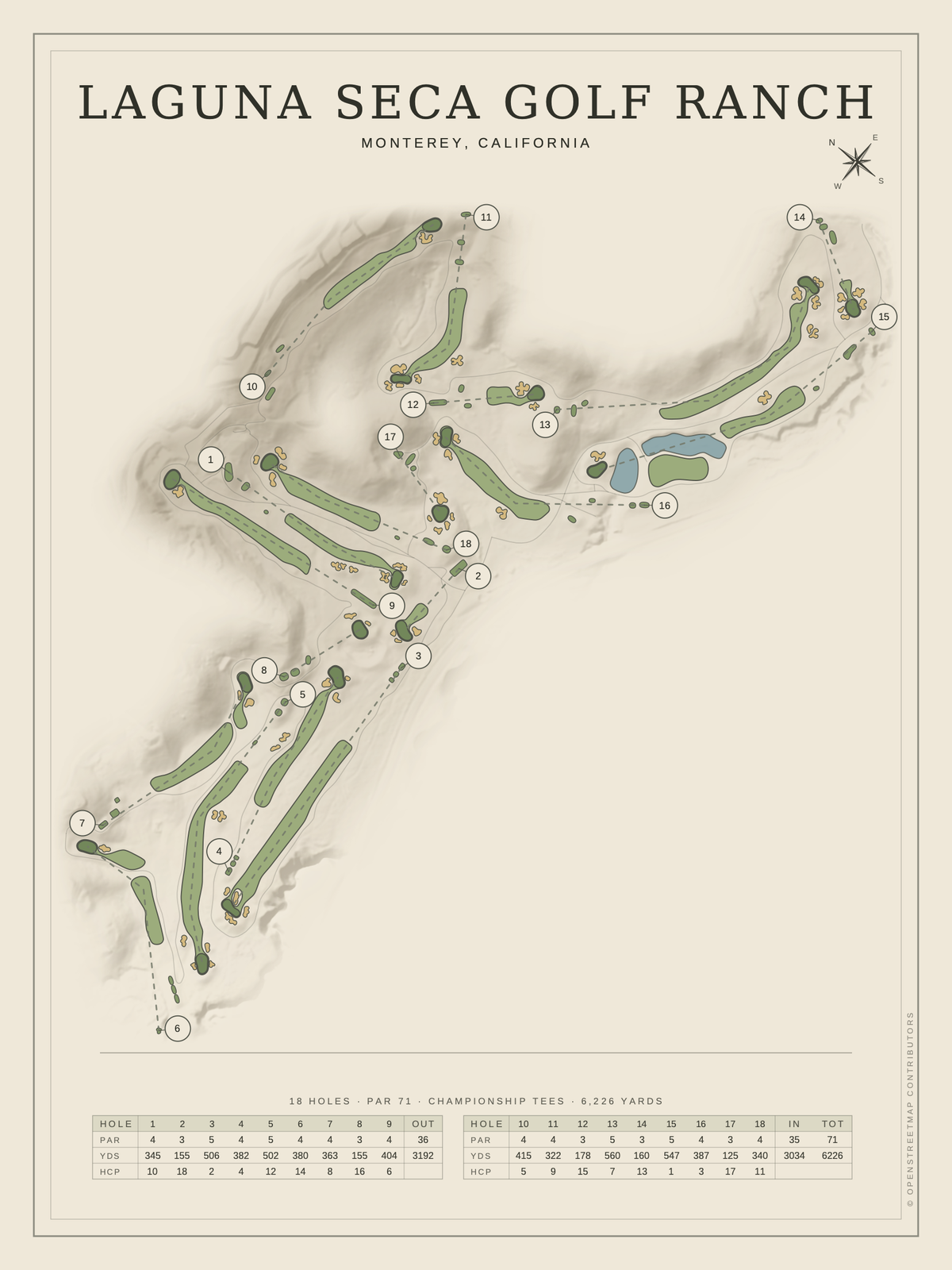 Laguna Seca Golf Ranch course map poster, Classic style, 12×16 / 18×24