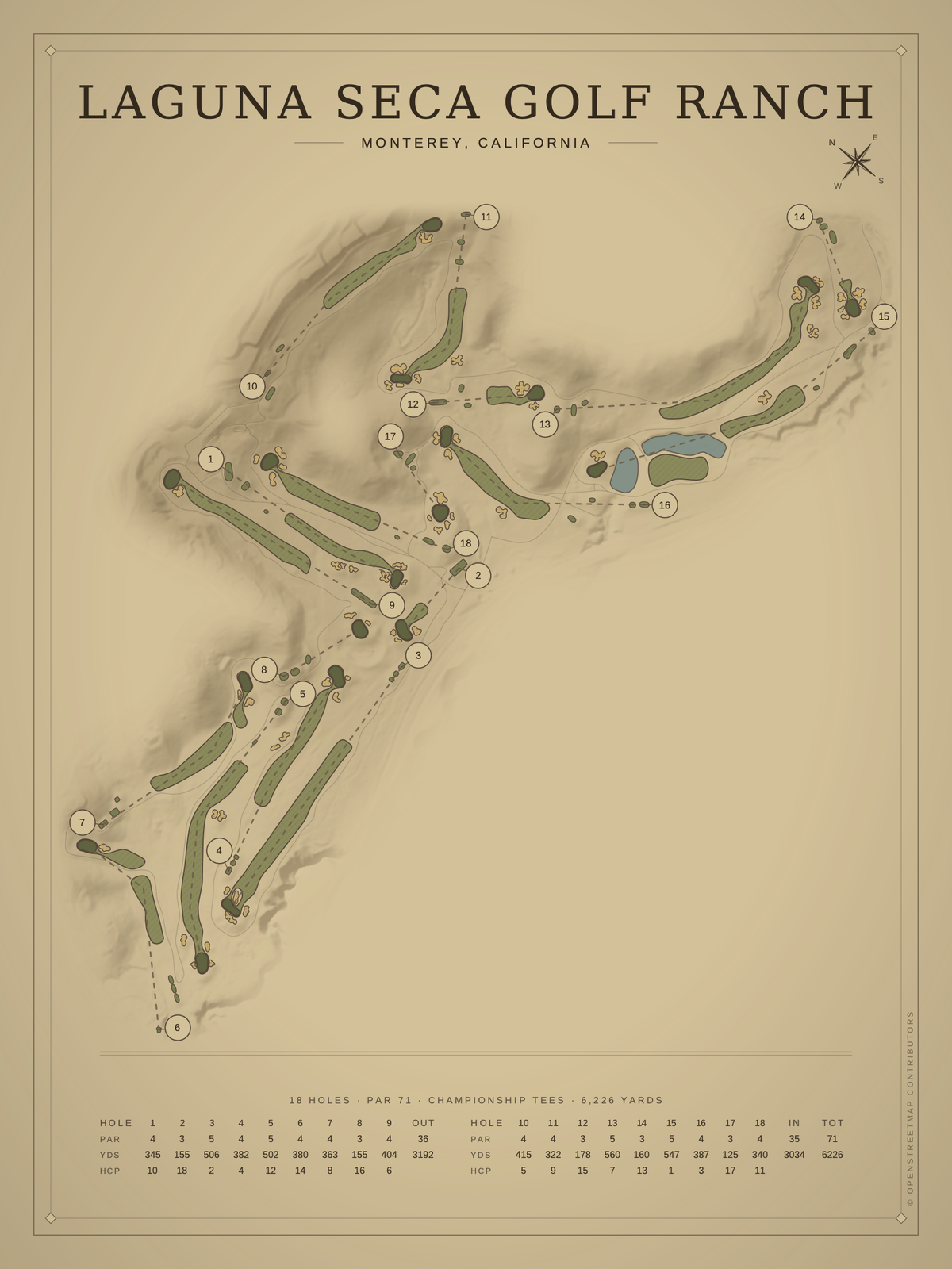 Laguna Seca Golf Ranch course map poster, Vintage style, 12×16 / 18×24