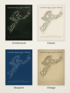 Laguna Seca Golf Ranch course map poster in four styles: Architectural, Classic, Blueprint and Vintage
