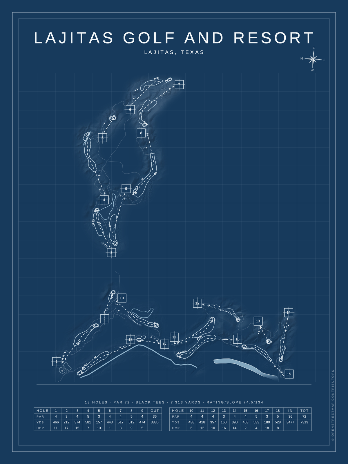 Lajitas Golf and Resort course map poster, Blueprint style, 12×16 / 18×24