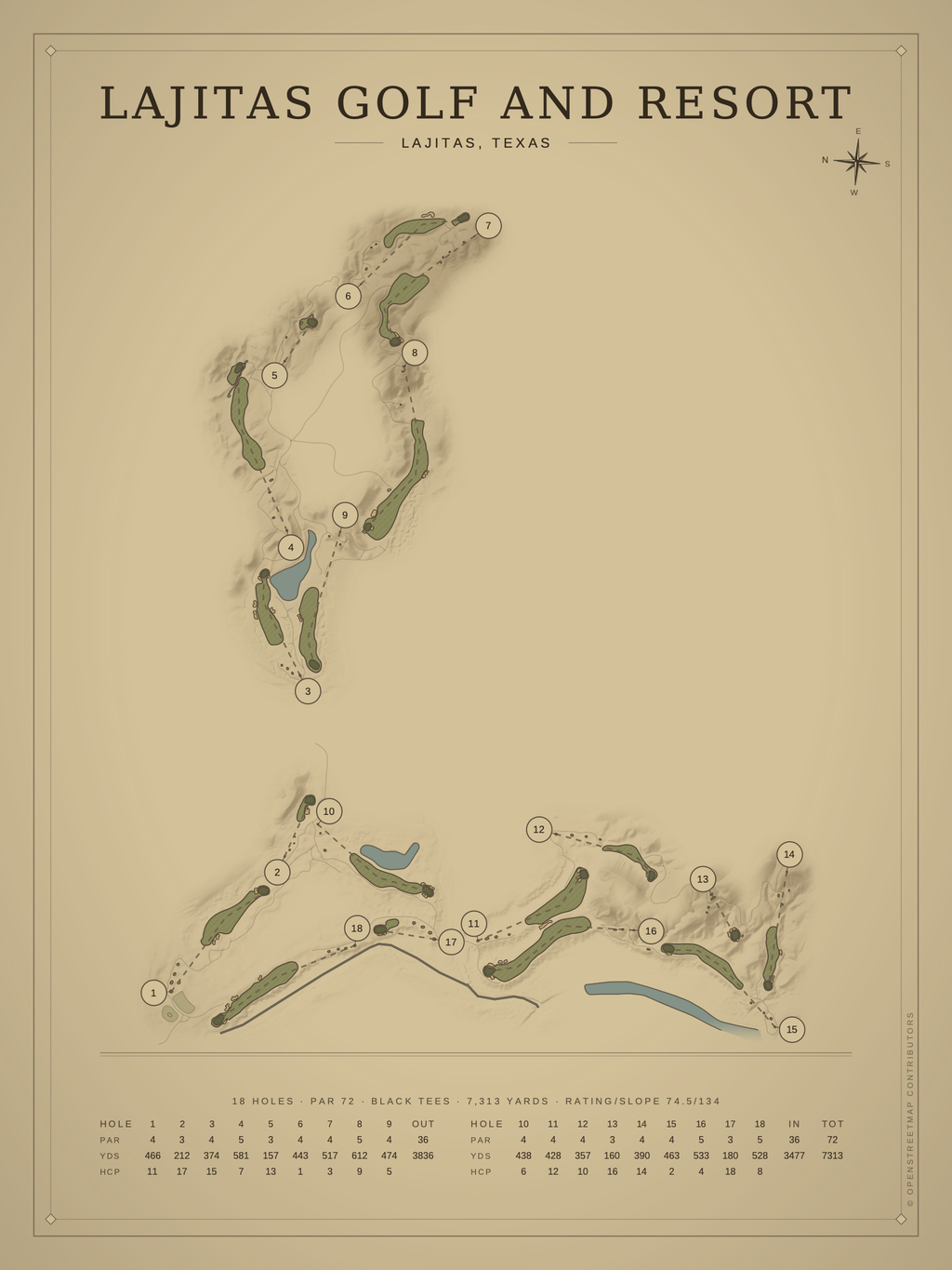 Lajitas Golf and Resort course map poster, Vintage style, 12×16 / 18×24