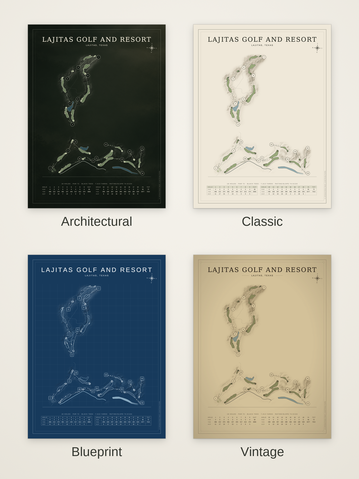 Lajitas Golf and Resort course map poster in four styles: Architectural, Classic, Blueprint and Vintage