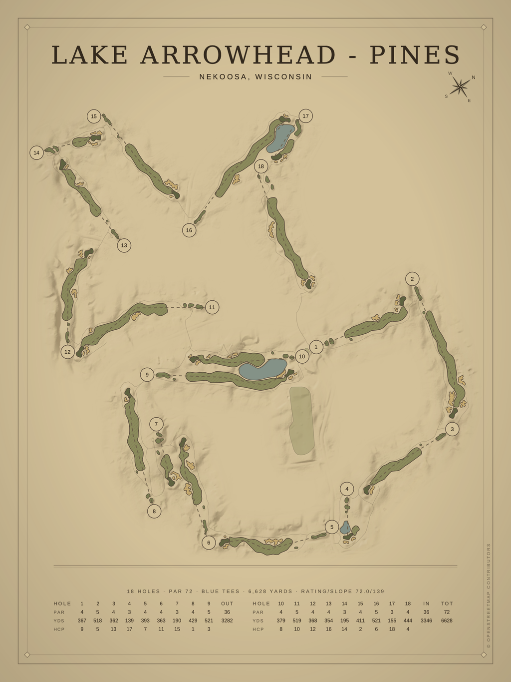 Lake Arrowhead - Pines course map poster, Vintage style, 12×16 / 18×24