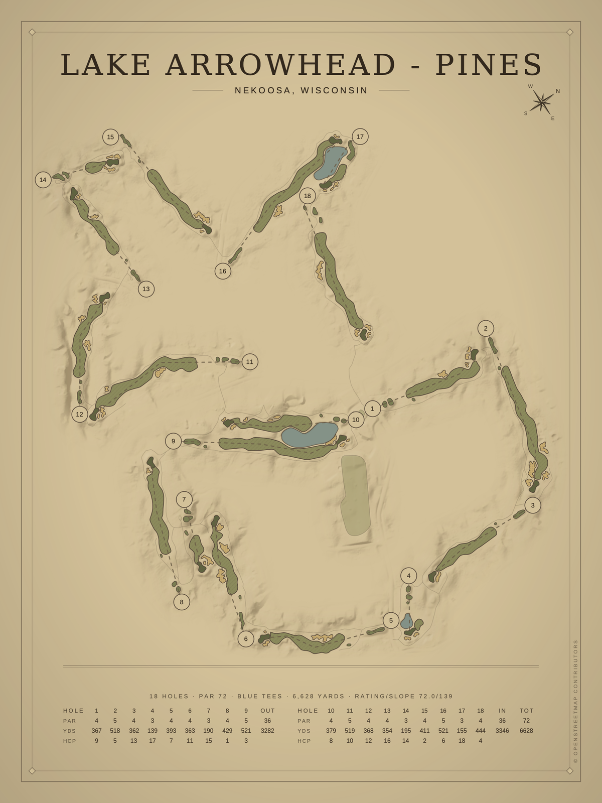 Lake Arrowhead - Pines course map poster, Vintage style, 12×16 / 18×24