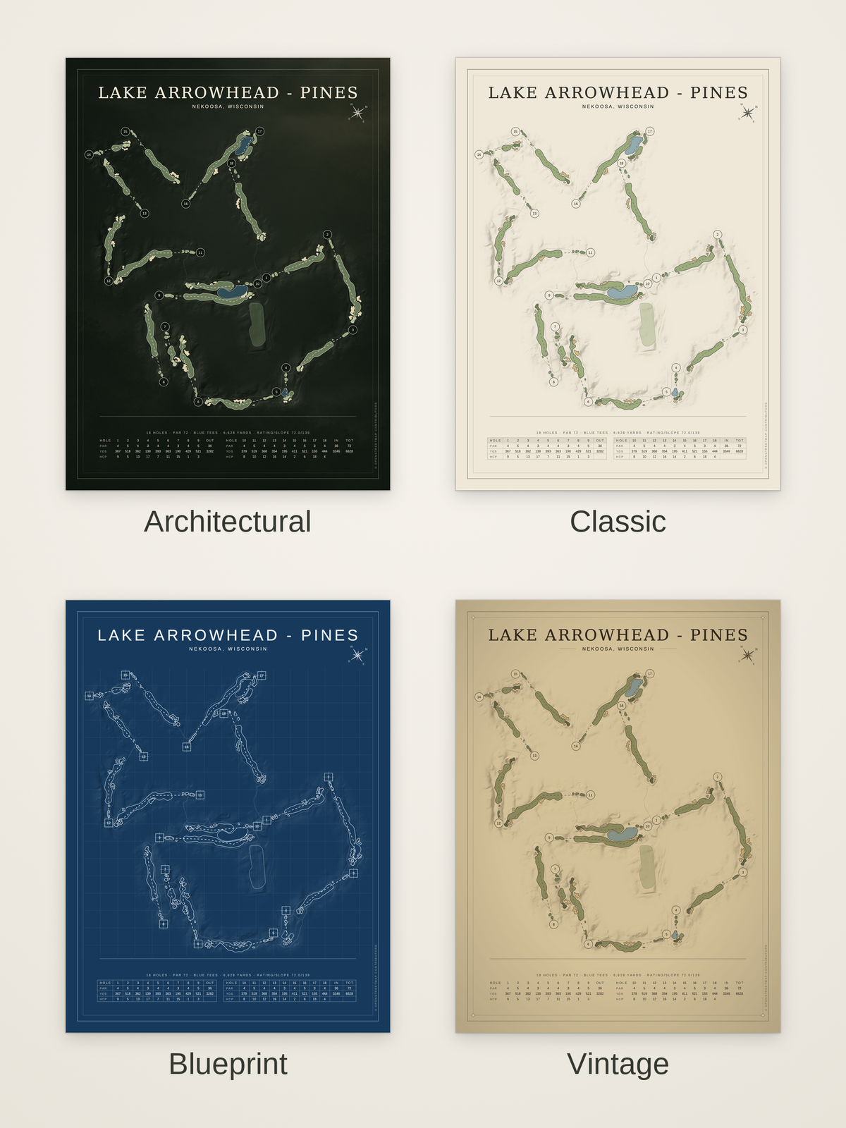 Lake Arrowhead - Pines course map poster in four styles: Architectural, Classic, Blueprint and Vintage