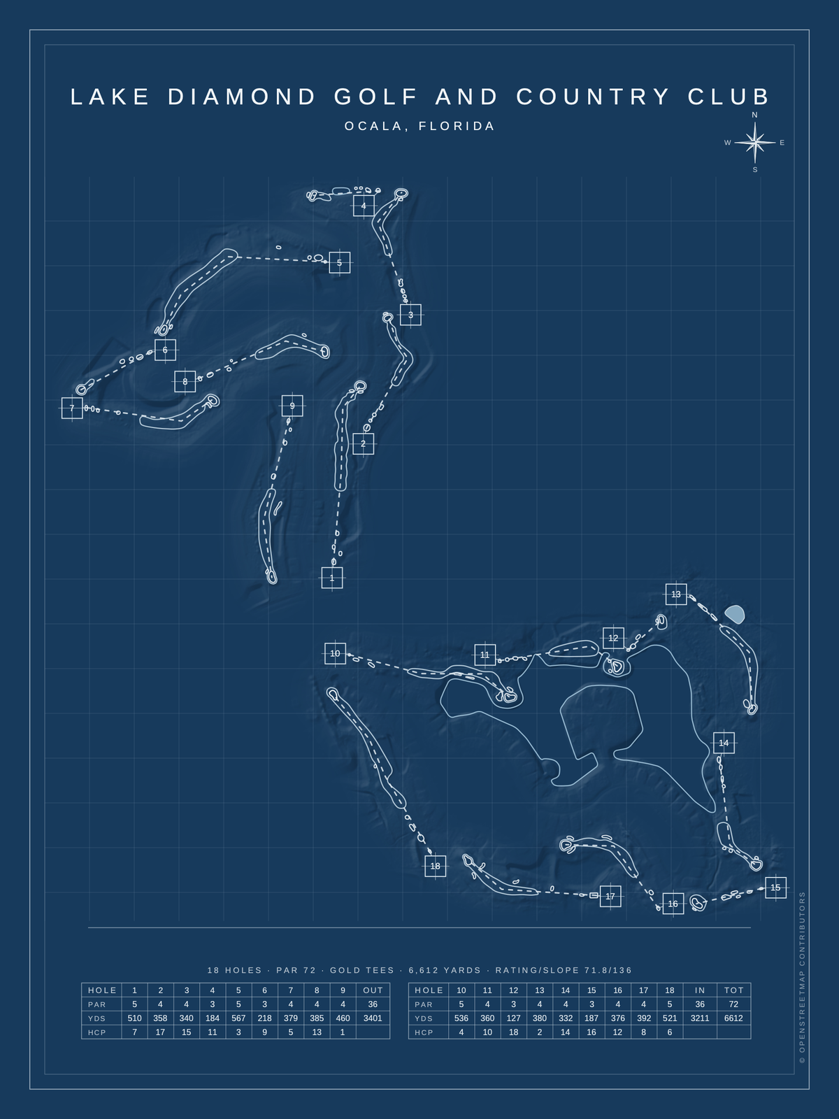 Lake Diamond Golf and Country Club course map poster, Blueprint style, 12×16 / 18×24