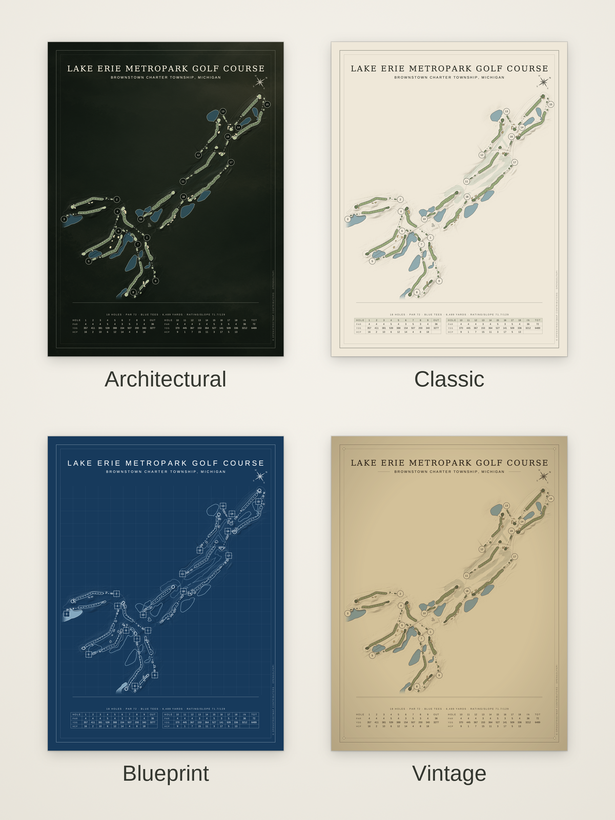 Lake Erie Metropark Golf Course map poster in four styles: Architectural, Classic, Blueprint and Vintage