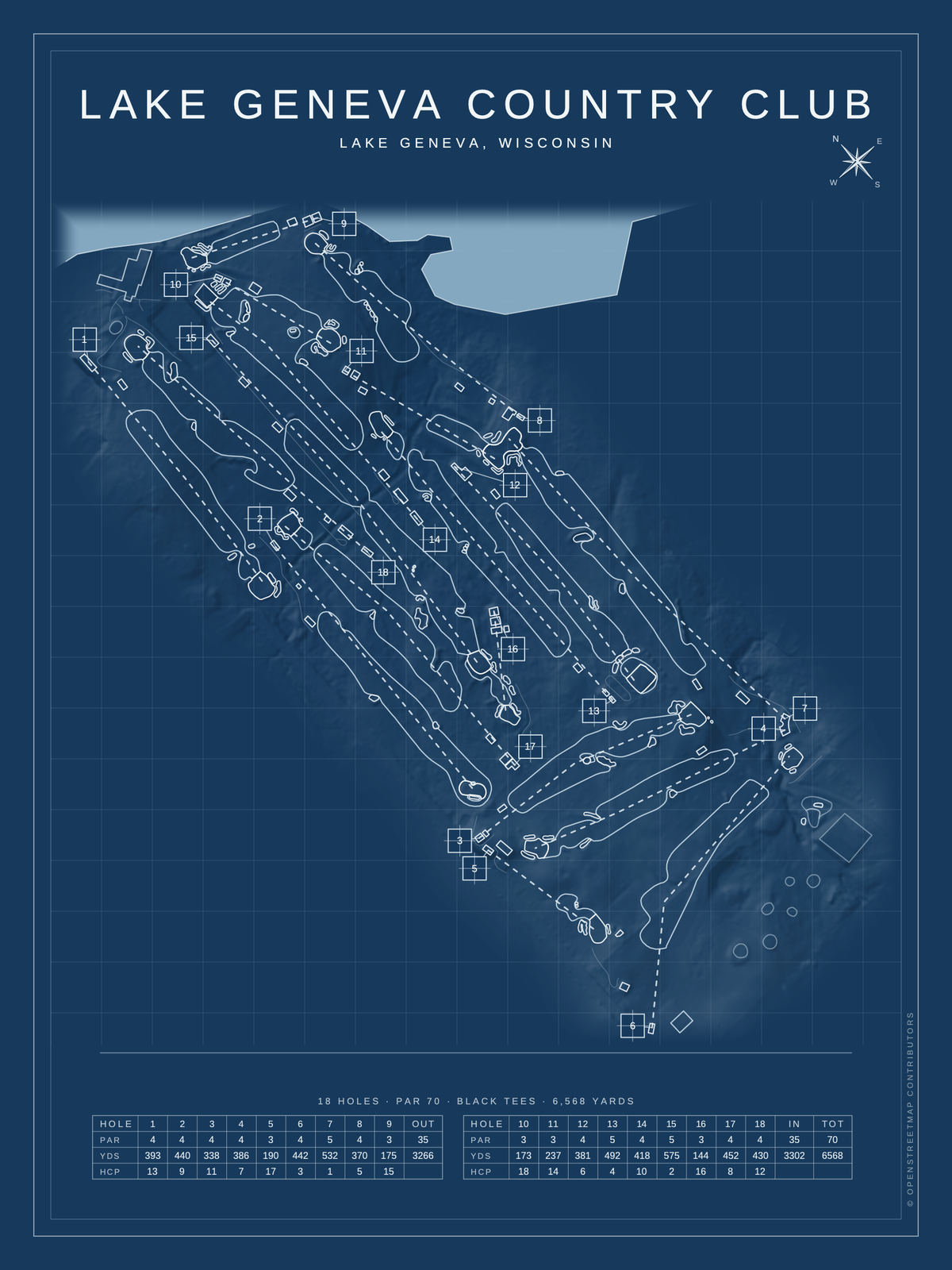 Lake Geneva Country Club course map poster, Blueprint style, 12×16 / 18×24