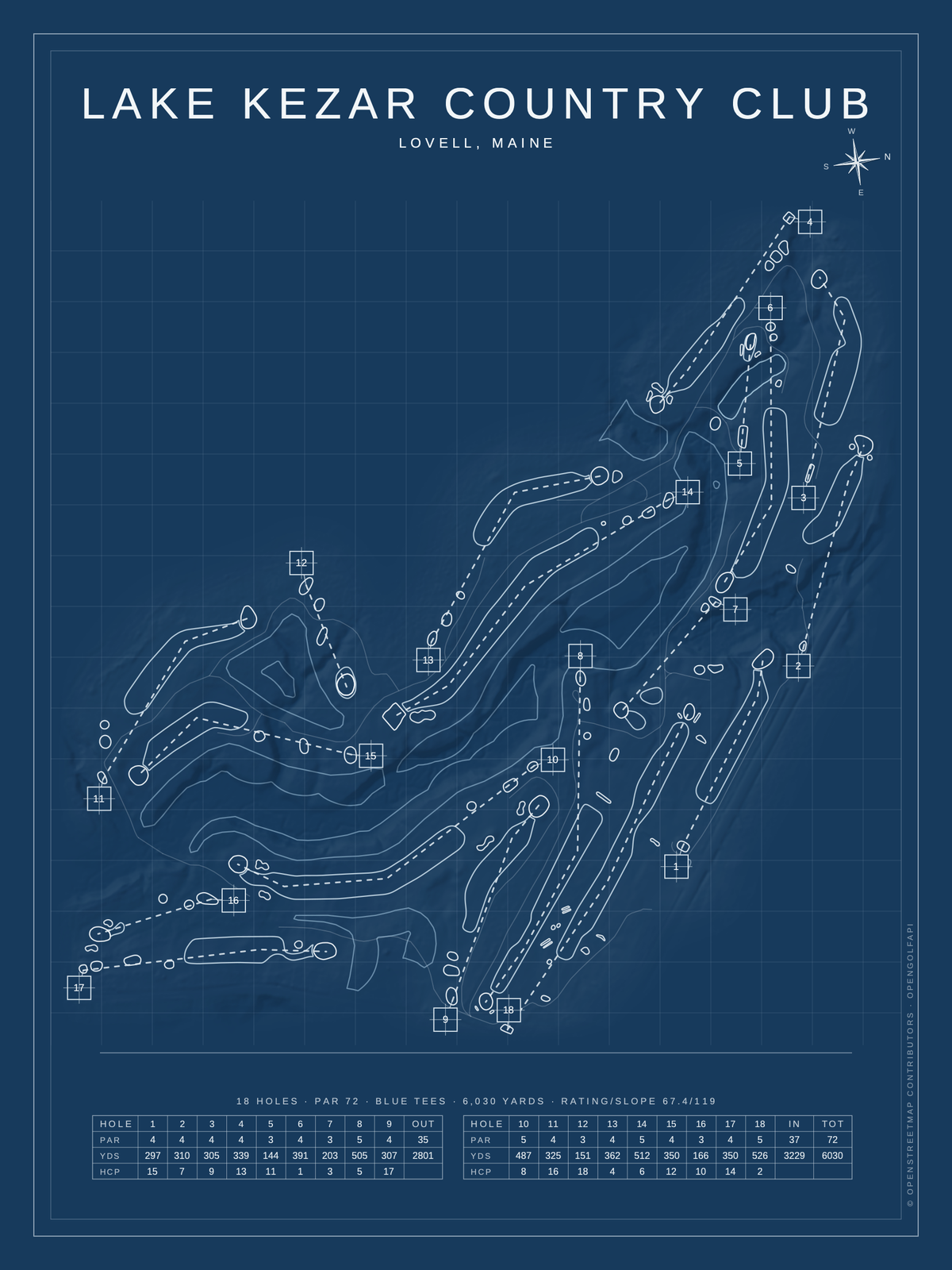 Lake Kezar Country Club course map poster, Blueprint style, 12×16 / 18×24