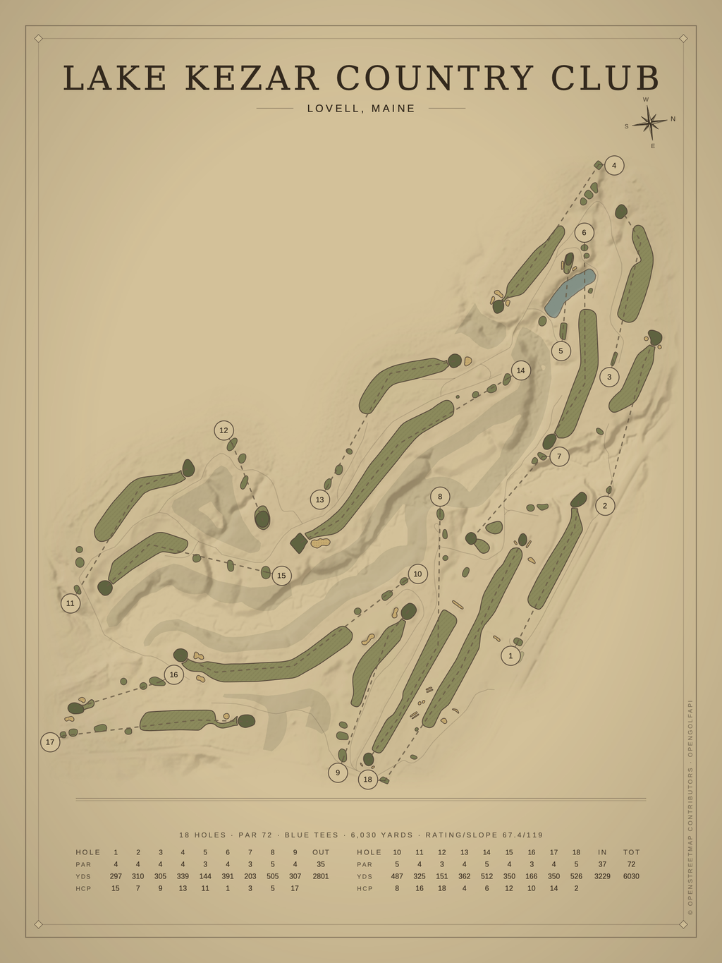 Lake Kezar Country Club course map poster, Vintage style, 12×16 / 18×24