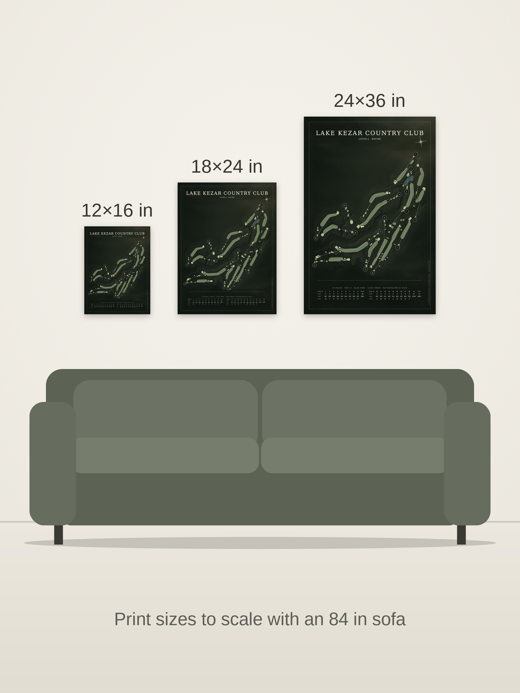 Lake Kezar Country Club course map poster in the Architectural style at 12×16, 18×24 and 24×36 inches, shown to scale on a wall above an 84-inch sofa