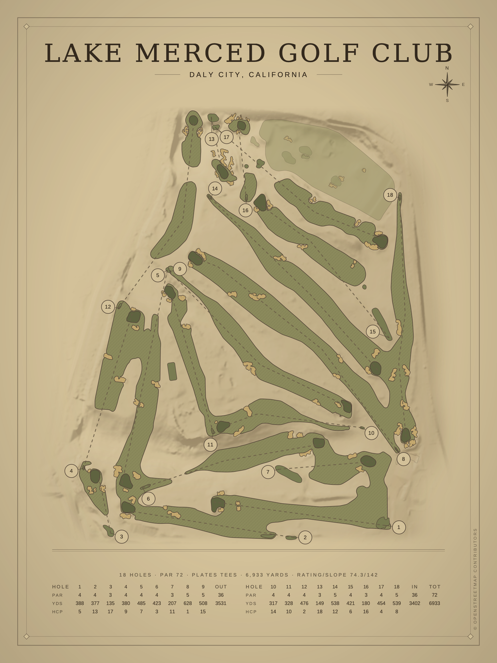 Lake Merced Golf Club course map poster, Vintage style, 12×16 / 18×24