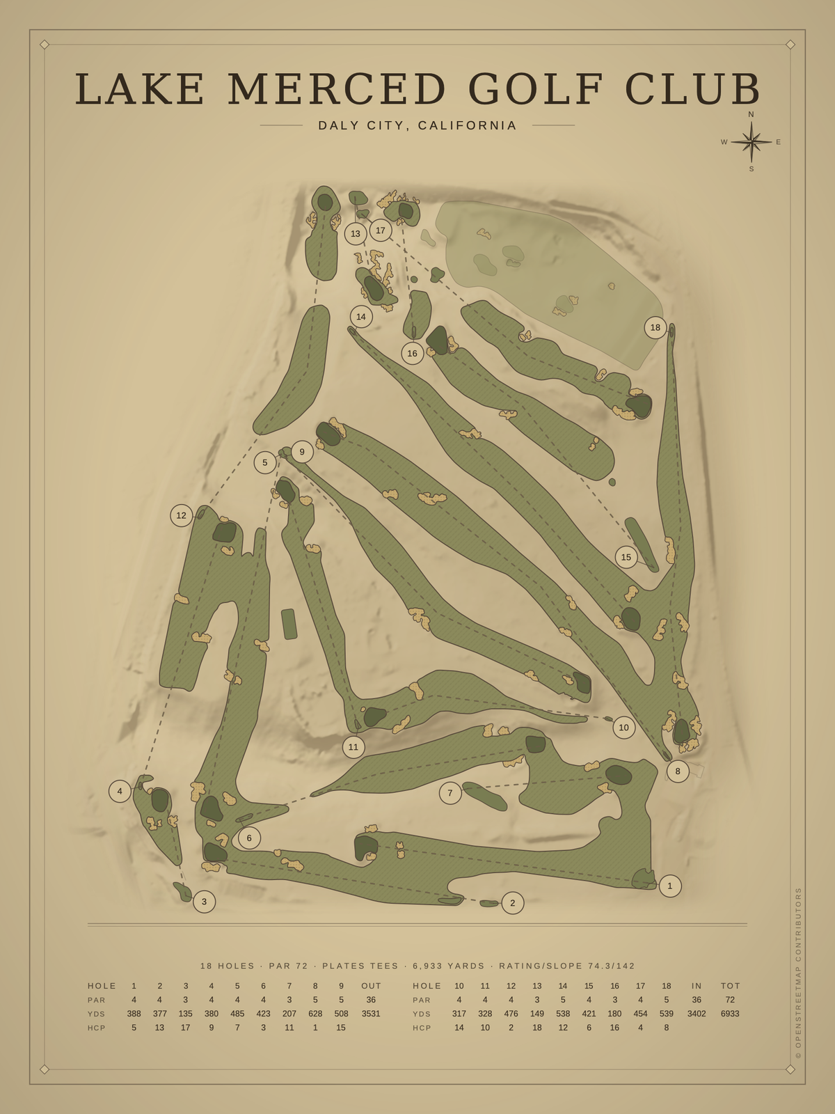 Lake Merced Golf Club course map poster, Vintage style, 12×16 / 18×24